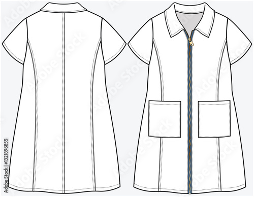 SHORT  SLEEVES WOVEN DRESS WITH CONVERTIBLE COLLAR AND PATCH POCET DETAIL DESIGNED FOR TEEN AND KID GIRLS IN VECTOR ILLUSTRATION FILE BEST FOR DENIM AND TWILL FABRIC