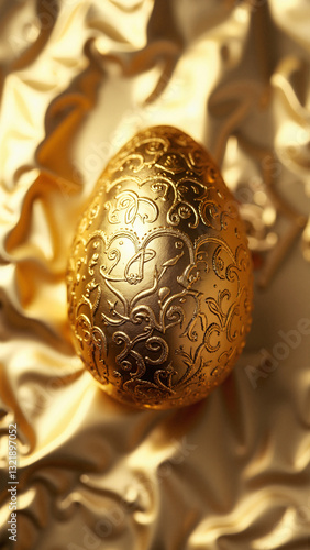 Luxurious Golden Easter Egg on Shimmering Gold Foil Background - Perfect for High-End Greeting Cards and Upscale Invitations