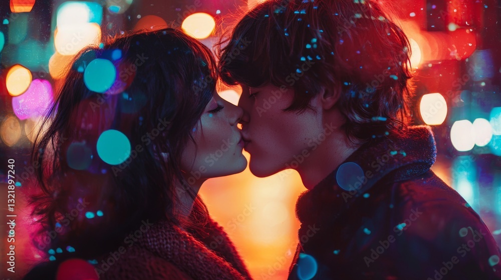 Romantic moment between a young couple, kissing each other in urban setting Romantic moment between a young couple, kissing each other in urban setting