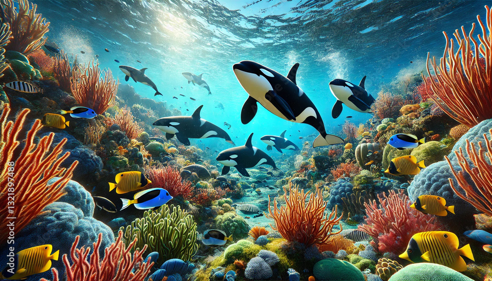 Fototapeta premium Orca whales are looking for food in the sea with beautiful coral reefs and lots of small fish