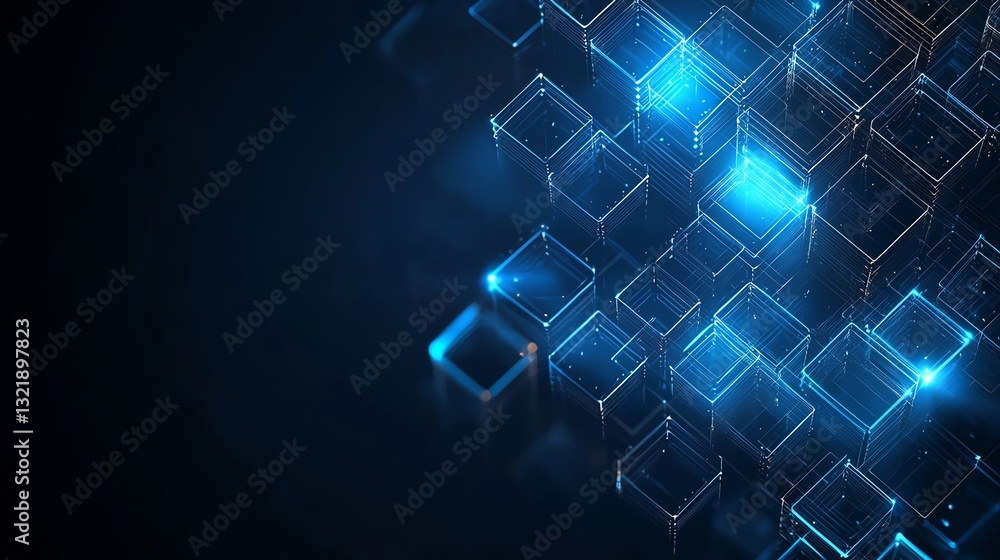 Fototapeta premium An abstract digital background featuring illuminated cubes in a dark setting, creating a futuristic and technological atmosphere, perfect for innovation and digital themes.
