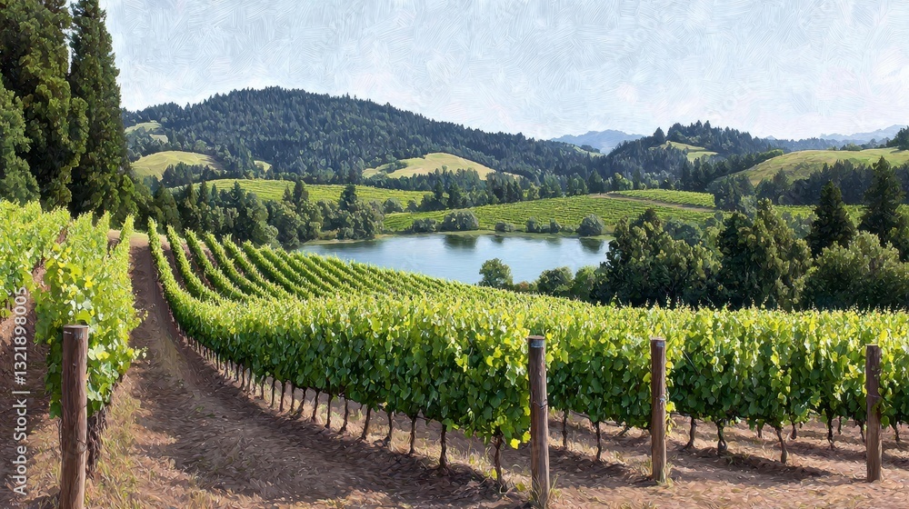 Fototapeta premium Sunlit Vineyard Landscape with Tranquil Lake and Rolling Hills