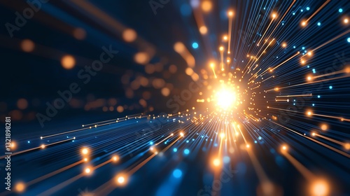 A vibrant abstract representation of dynamic energy, showcasing glowing particles and light beams converging towards a bright core, symbolizing innovation and progress in technolog