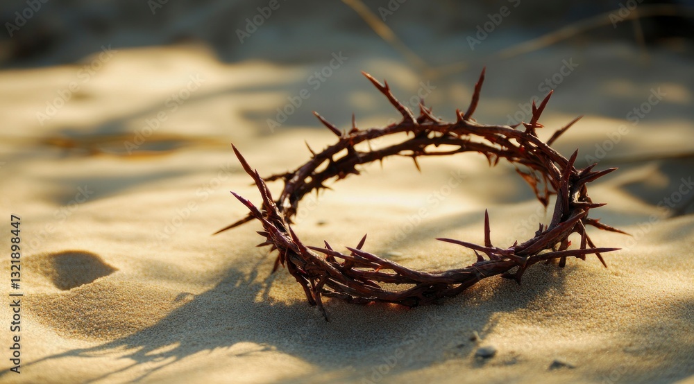 Fototapeta premium Crown of Thorns Resting on Sand Representing Religious Sacrifice Concept