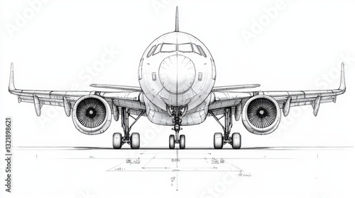 Detailed Black And White Sketch Of A Passenger Airplane On A Runway