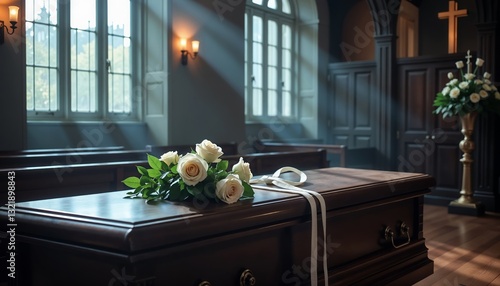 White casket with a floral arrangement of white roses, set in a funeral hall with a cross and a tall vase of flowers nearby, farewell ceremony.