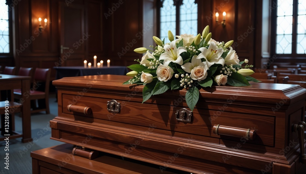Funeral service with a wooden casket adorned with white lilies and roses, placed in a peaceful room filled with candles before cremation, honoring the deceased with a respectful. Funeral service with a wooden casket adorned with white lilies and roses, placed in a peaceful room filled with candles before cremation, honoring the deceased with a respectful.
