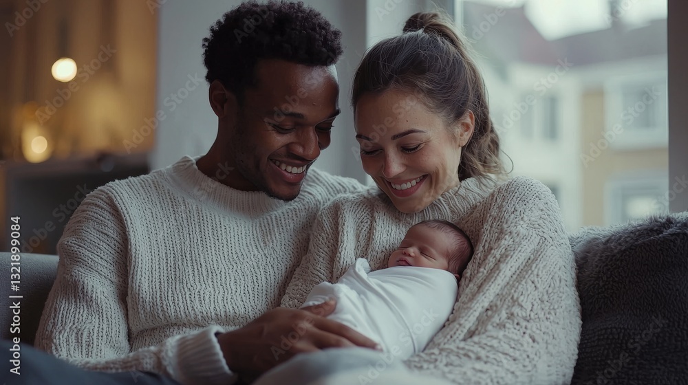 Obraz premium Loving embrace of parents gazing tenderly at their newborn baby indoors