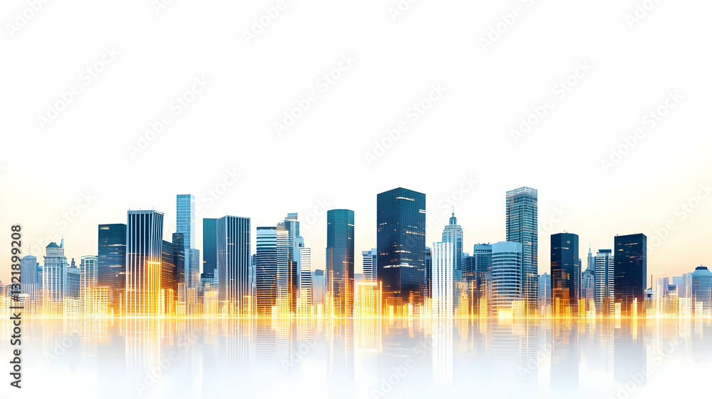 Fototapeta premium Panoramic Cityscape At Night With Illuminated Skyscrapers Reflecting In Water Against A White Background