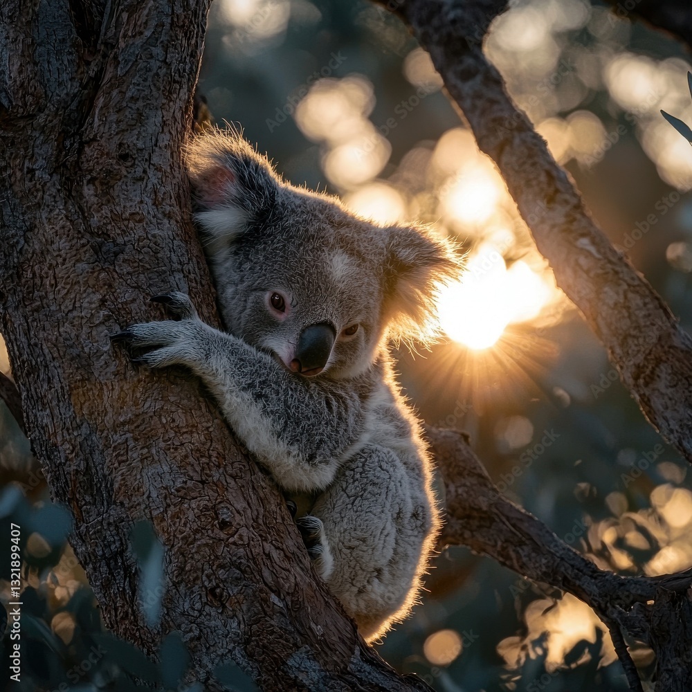 Fototapeta premium Cuddly Koala Clinging to Eucalyptus Tree in Magical Sunset Glow