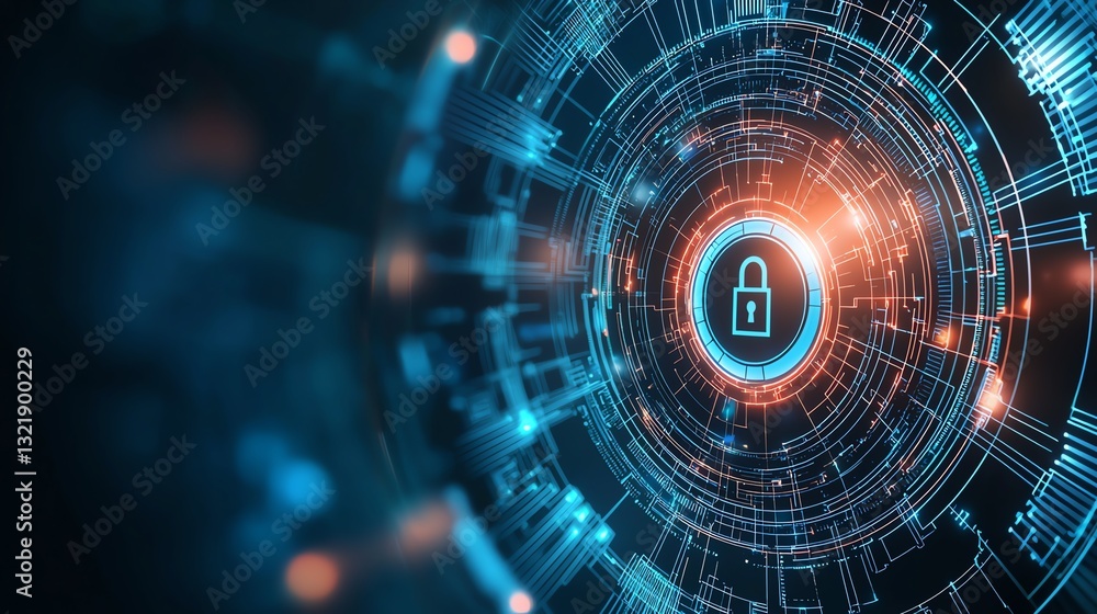 Fototapeta premium A futuristic digital lock symbol surrounded by glowing circuitry. This image represents cybersecurity, data protection, and the importance of secure digital environments.