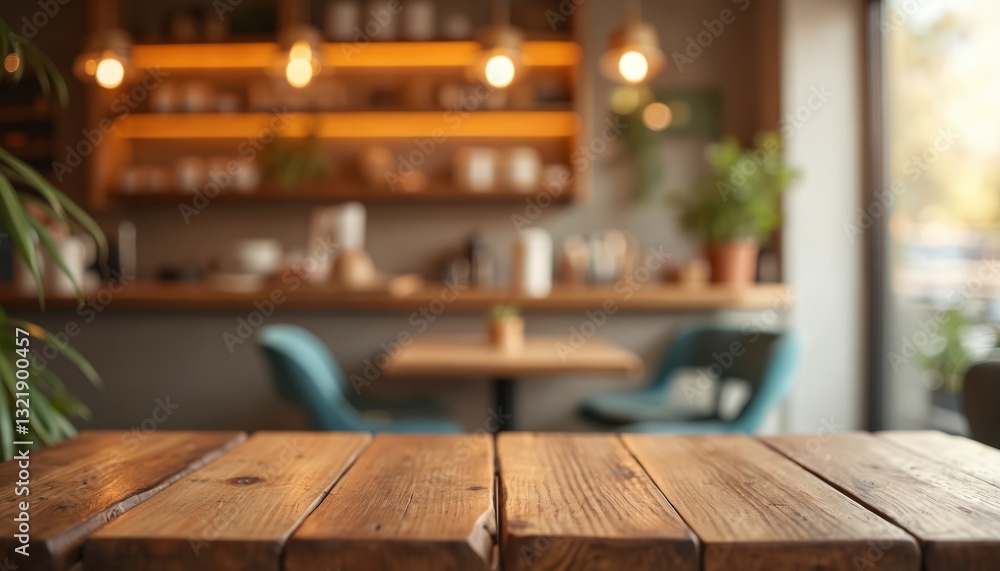 Blurred bokeh cafe background with empty wooden table. Table surface space for product, food, coffee. Restaurant interior, blurry bar counter, defocus, bokeh lights, place for montage template. Blurred bokeh cafe background with empty wooden table. Table surface space for product, food, coffee. Restaurant interior, blurry bar counter, defocus, bokeh lights, place for montage template.