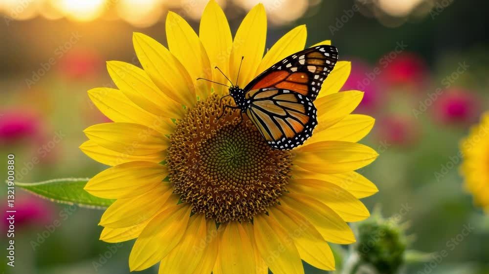 A vibrant butterfly perched on a sunflower in a serene garden. A vibrant butterfly perched on a sunflower in a serene garden.