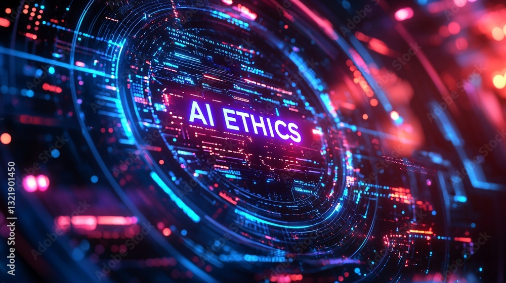 Futuristic Digital Concept of AI Ethics with Neon Lights and Abstract Patterns in Technology Background Futuristic Digital Concept of AI Ethics with Neon Lights and Abstract Patterns in Technology Background