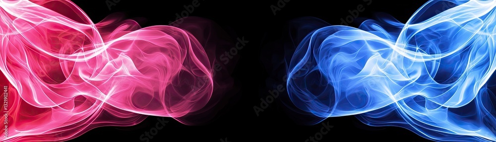 Fototapeta premium Abstract pink blue smoke swirls, dark background, opposition concept