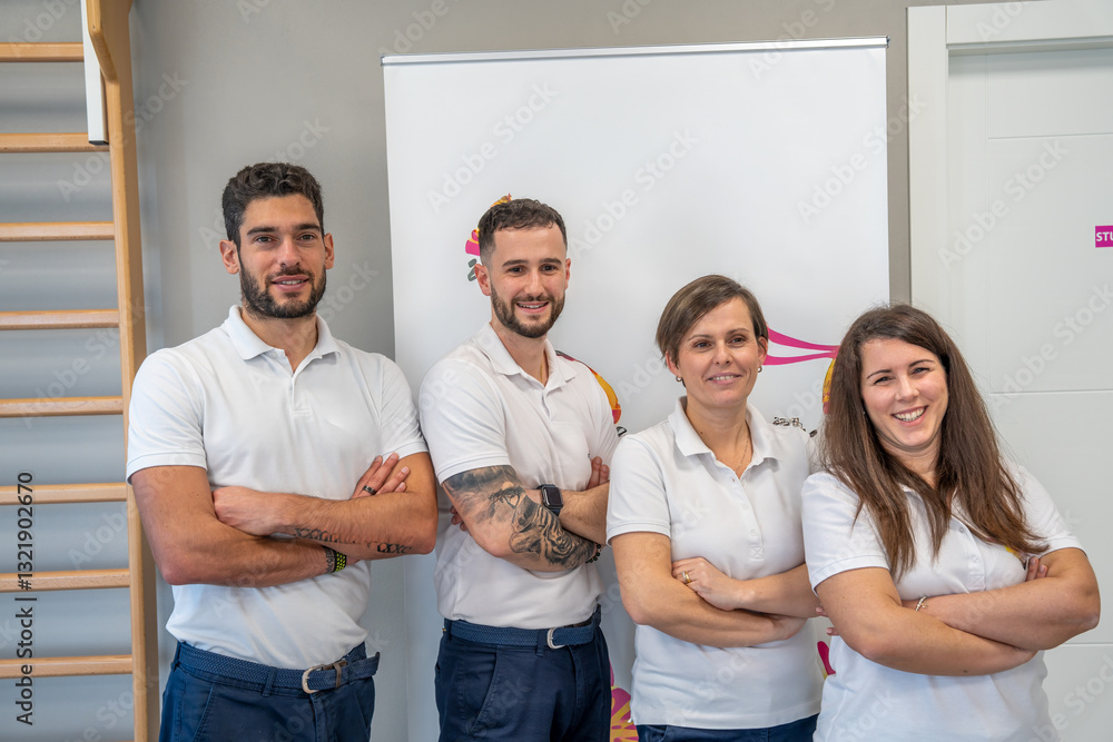 Group of four young Caucasian physiotherapists smiling in their professional clinic