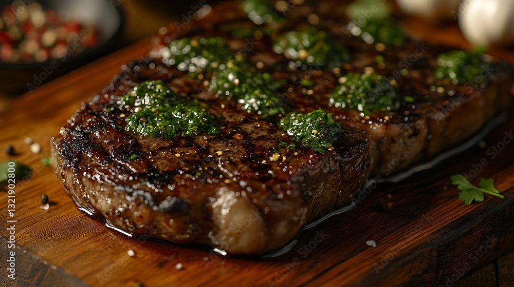 A cinematic close-up of a perfectly seared tomahawk steak, its juices glistening under warm golden light. The wooden board presentation is completed with fresh chimichurri drizzle, A cinematic close-up of a perfectly seared tomahawk steak, its juices glistening under warm golden light. The wooden board presentation is completed with fresh chimichurri drizzle,