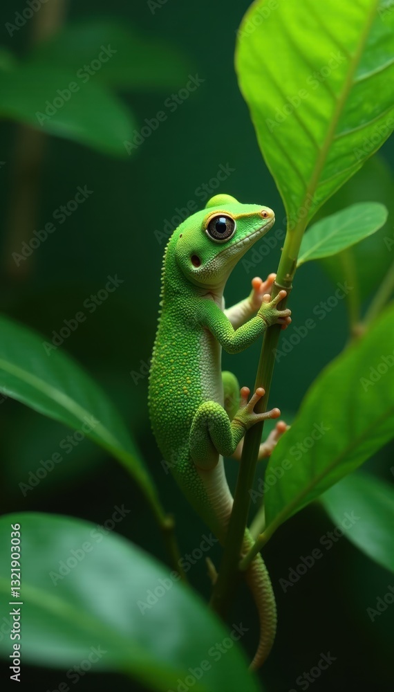 Tiny green Phelsuma gecko clinging to vibrant foliage, scaled, branch Tiny green Phelsuma gecko clinging to vibrant foliage, scaled, branch
