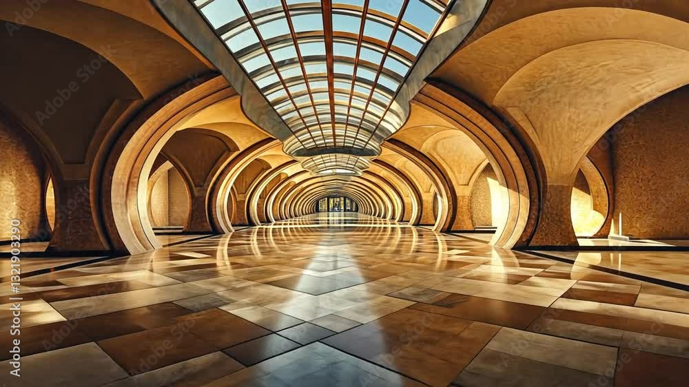 Magnificent architectural vista featuring a grand hallway with intricate arches and skylight Magnificent architectural vista featuring a grand hallway with intricate arches and skylight