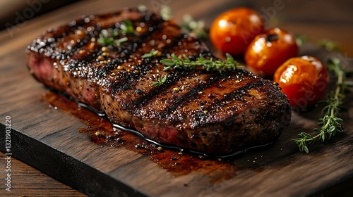 A close-up of a sirloin steak cooked to a perfect medium-rare, resting on a rustic wooden board. The dish features charred cherry tomatoes, a rich peppercorn sauce drizzle, and fresh thyme,