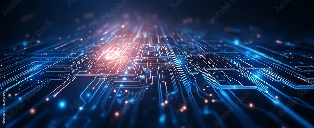 Naklejka premium A vibrant and intricate digital circuit board, showcasing interconnected lines and luminous nodes. It represents advancements in technology and artificial intelligence.