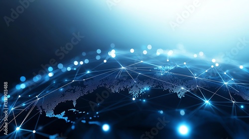 This high-tech image illustrates a digital world with interconnected global networks and bright blue lights symbolizing data flow and communication across continents.