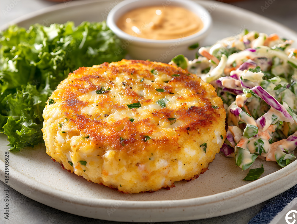A golden crab cake with remoulade sauce and fresh slaw. A golden crab cake with remoulade sauce and fresh slaw.