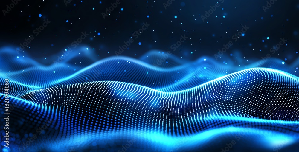 A mesmerizing display of flowing blue waves illuminated by scattered lights creates a digital ocean effect. Ideal for technology, design, and abstract themes. A mesmerizing display of flowing blue waves illuminated by scattered lights creates a digital ocean effect. Ideal for technology, design, and abstract themes.