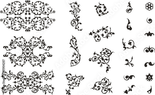 Floral ornamental arabesque designs vector set in traditional Oriental style. Black and white luxury vintage page decorations, great for backgrounds, wedding invitations, greeting cards, wallpapers.