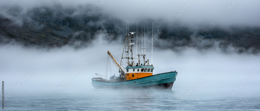Naklejka premium A fishing boat navigating through fog on a calm sea.