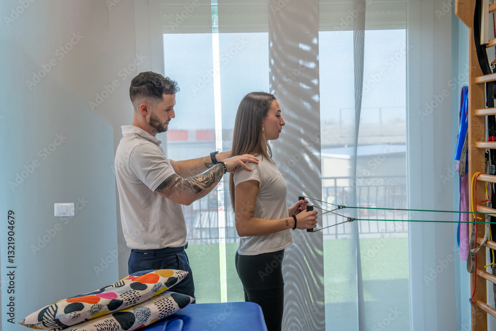 Young woman receiving back physiotherapy exercises in a modern rehabilitation center