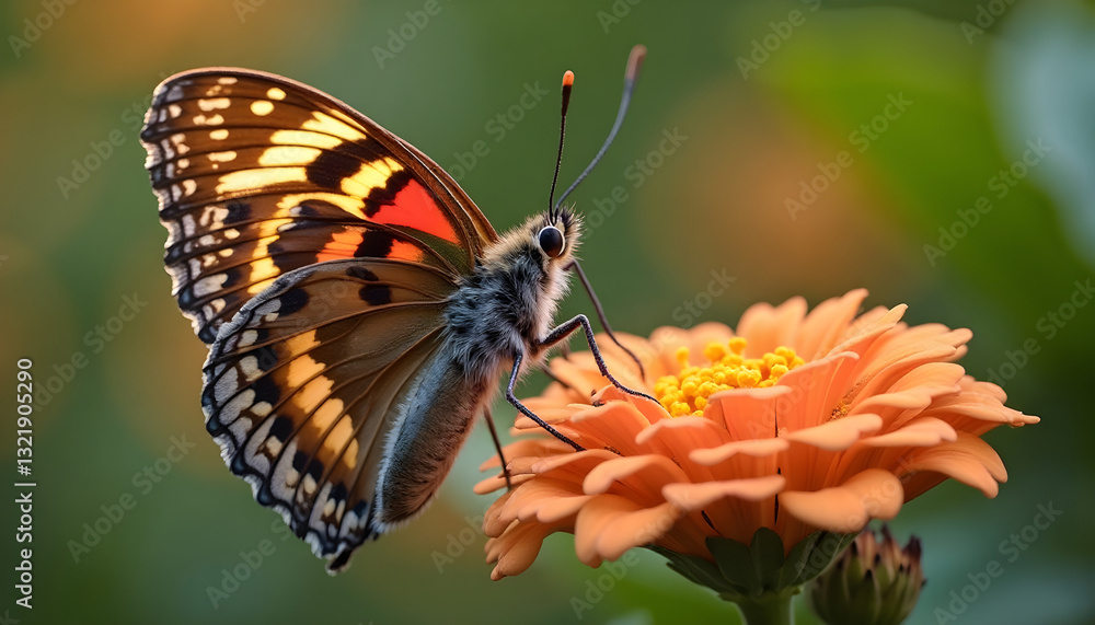 A stunning close-up of a butterfly delicately perched on an orange flower, with intricate wing patterns and fine details against a softly blurred natural background. A stunning close-up of a butterfly delicately perched on an orange flower, with intricate wing patterns and fine details against a softly blurred natural background.
