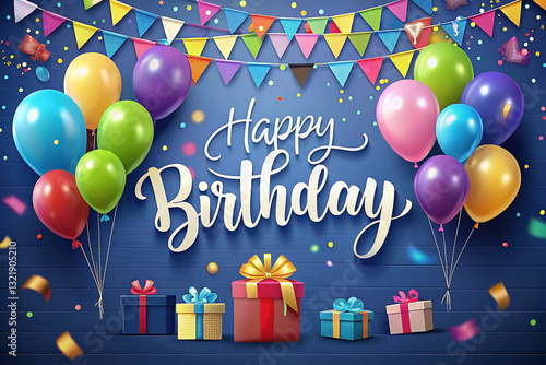 Colorful birthday celebration with balloons, banners, and gifts