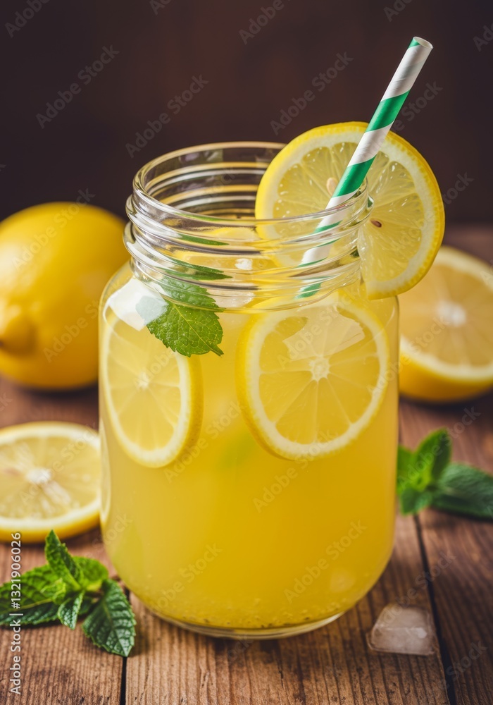 A jar of fresh lemonade with ice and lemon slices.
A jar of fresh lemonade with ice and lemon slices.