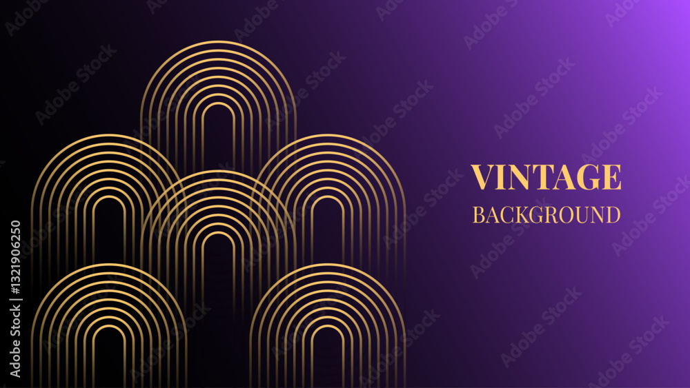 Obraz premium Dark purple gradient abstract background with gold rounded lines and shadows. Modern geometric pattern. Shiny poster or web banner template. Blended lines