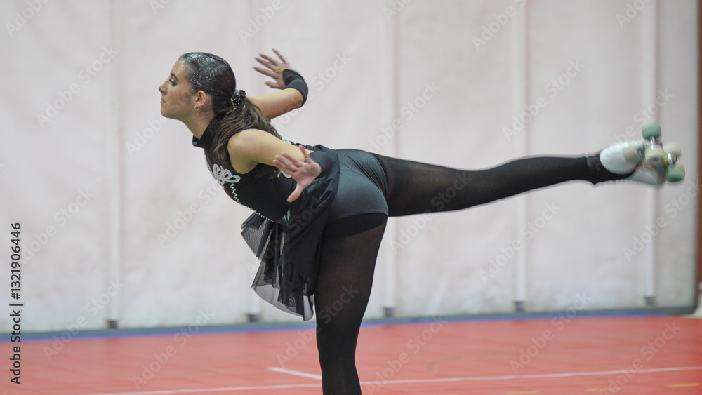 Young woman competing in a roller skating championship wearing a black and silver costume