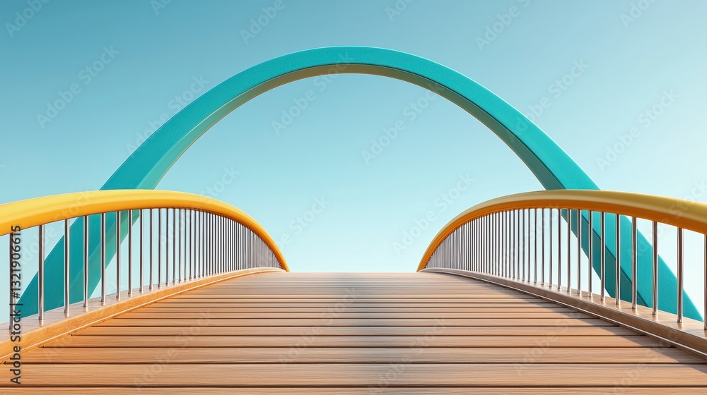 Obraz premium Wooden Bridge with Teal and Yellow Arch Against Blue Sky