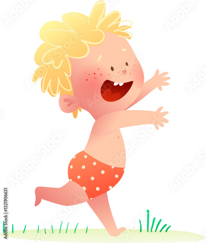 Cute cartoon illustration of a baby boy laughing openly with arms stretched with joy and excitement. Childhood vibrant energy and playful innocence character for kindergarten. Vector cartoon for kids