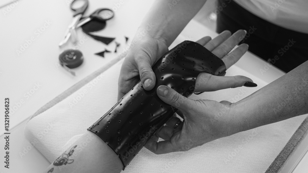 Medical therapist adjusting a hand splint for a girl in a rehabilitation clinic