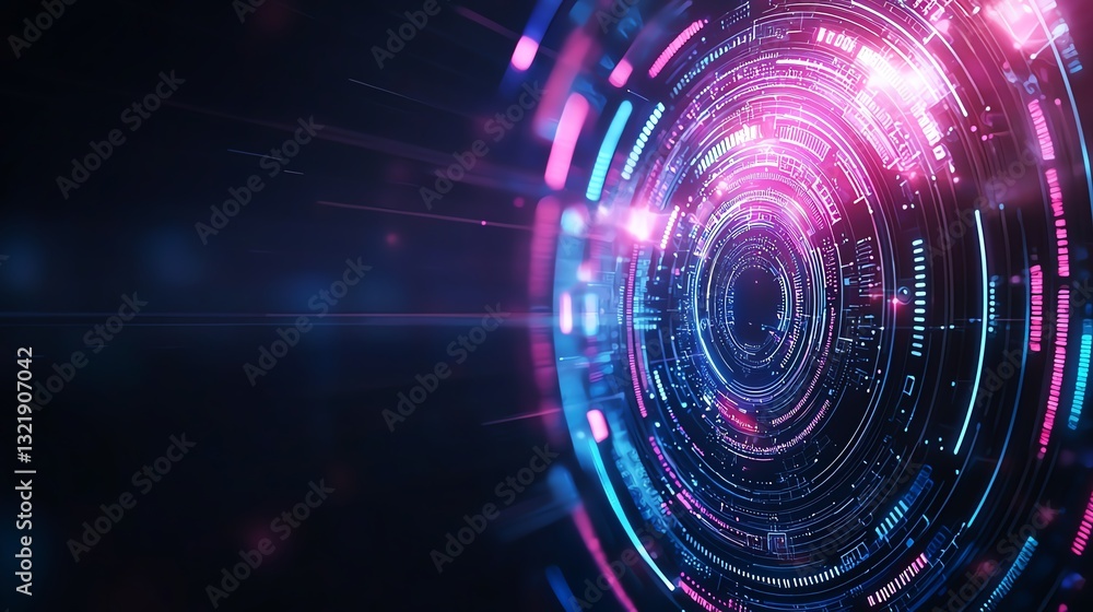 Obraz premium A vibrant and dynamic digital background featuring concentric circles and glowing elements in blue and pink tones, representing modern technology and data visualization concepts.