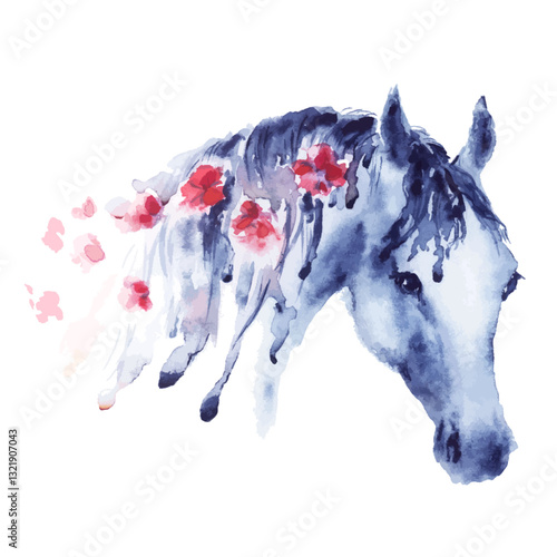 Watercolor hand drawing horse, pony or mare head with red flowers in mane. Hand painting vector graceful romantic summer feminine stylish art. Horse riding hobby. Grey color pets face