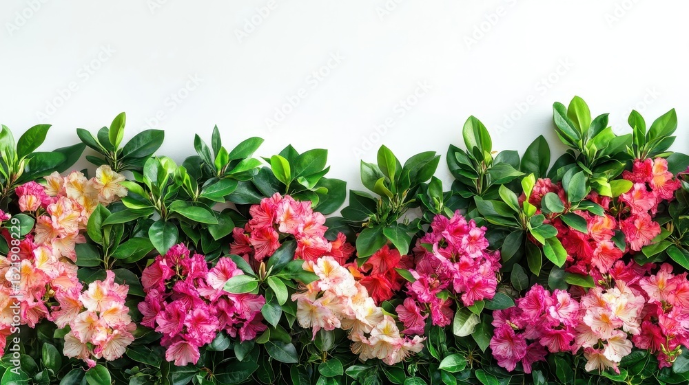 Colorful flowers and green leaves arranged beautifully on white backdrop Colorful flowers and green leaves arranged beautifully on white backdrop