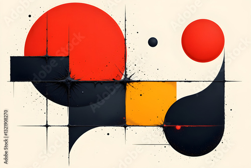 A bold and contemporary geometric abstract artwork featuring dynamic red, black, and yellow shapes with splattered textures on a light background.