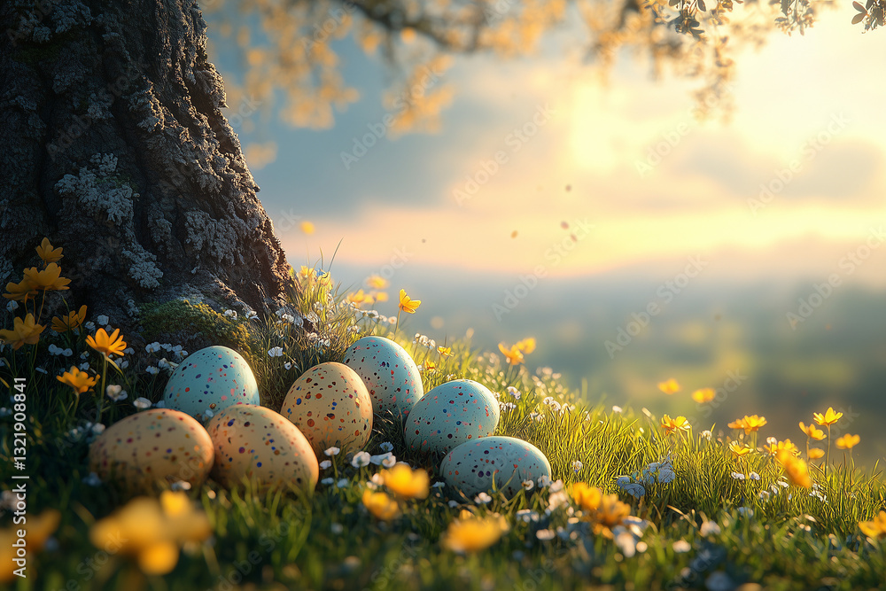 Easter Eggs Under the Old Oak Tree in Warm Sunset Light Easter Eggs Under the Old Oak Tree in Warm Sunset Light