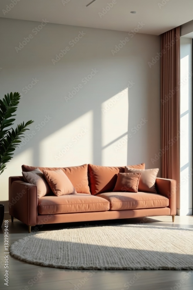 Fototapeta premium Sleek, low-profile sofa in minimalist living room, furniture, beige sofa