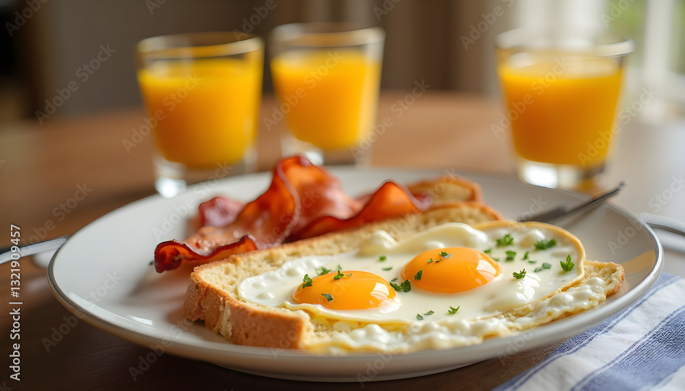A hearty breakfast featuring sunny-side-up eggs on toast with crispy bacon, served with fresh orange juice on a wooden table in soft morning light. A hearty breakfast featuring sunny-side-up eggs on toast with crispy bacon, served with fresh orange juice on a wooden table in soft morning light.