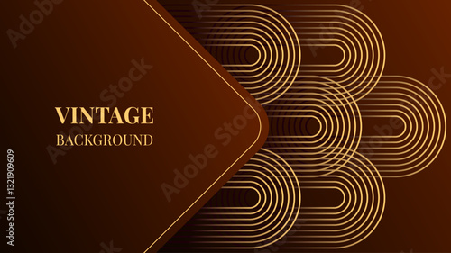 Dark brown gradient abstract background with gold wavy lines design. Vintage geometric pattern. Retro poster or web banner template. Blended lines	
