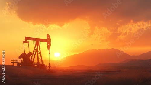 Striking Silhouette: Oil Pumpjack at Dusk Against Fiery Sunset Horizon