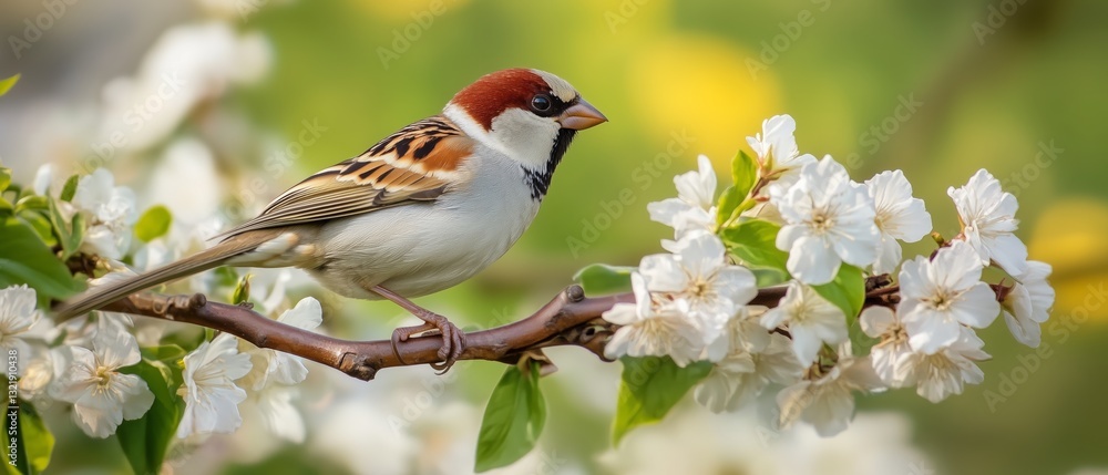 Nature photography close-up of bird on flowering tree in spring Nature photography close-up of bird on flowering tree in spring