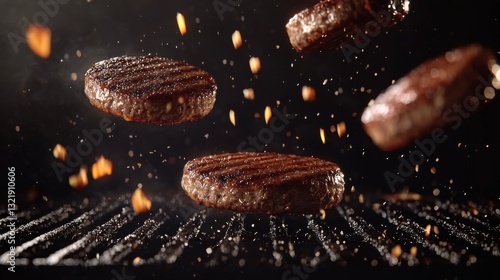 Grill burger, realistic 3d burgers falling in the air, grilled meat collection, ultra realistic, icon, falling, flying, detailed, angle view food photo, burger composition . 